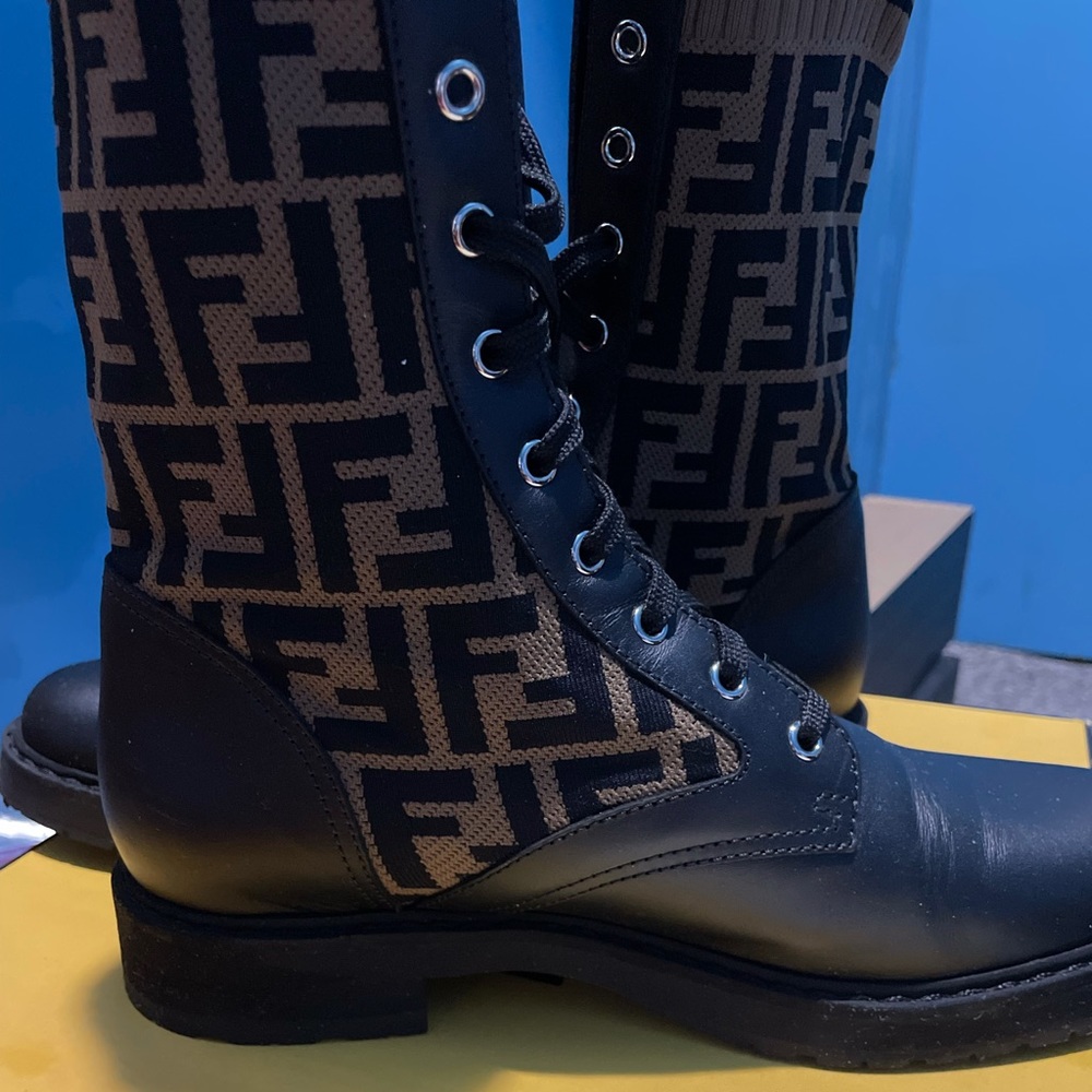 Fendi Rockoko Logo Sock Lace Up Combat Boot